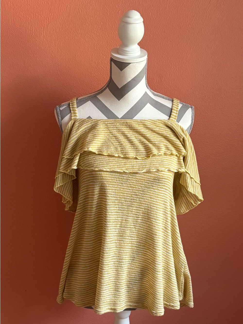 Fantastic Fawn Yellow Striped Ruffle Cold-Shoulder Tee